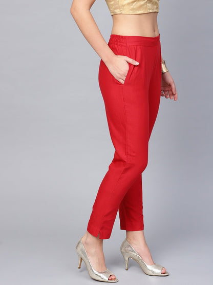 Red Cotton Flex Solid Slim Fit Pant/Slim Pant