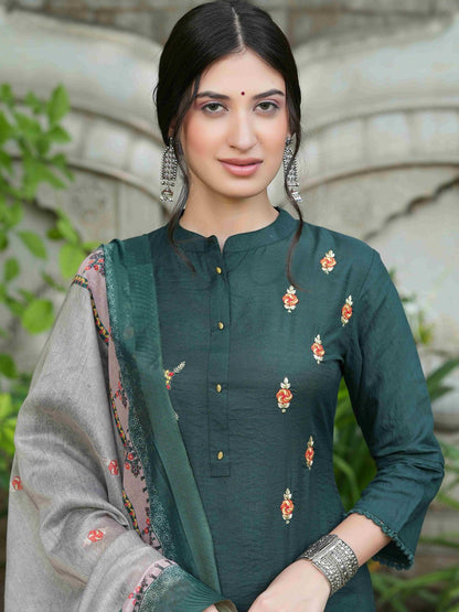 Bottle Green Mono Viscose Festive Wear Embroidered Straight Kurta Pant Dupatta Set