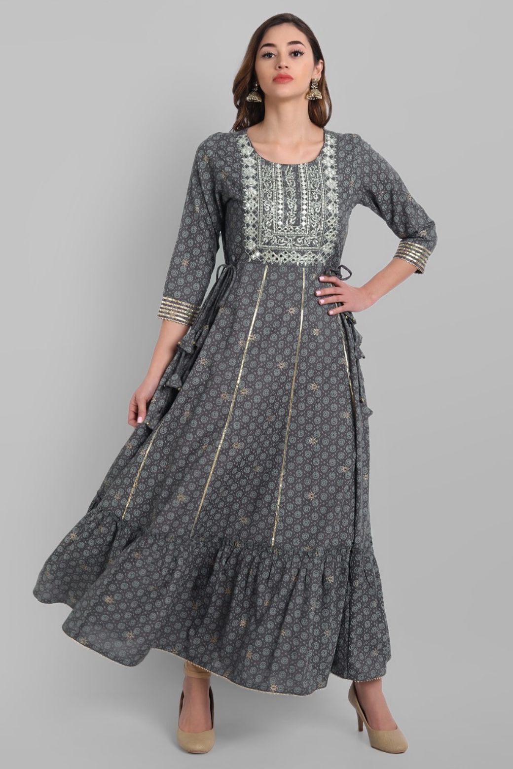 Grey Rayon Festive Wear Embroidered Tiered Long Dress