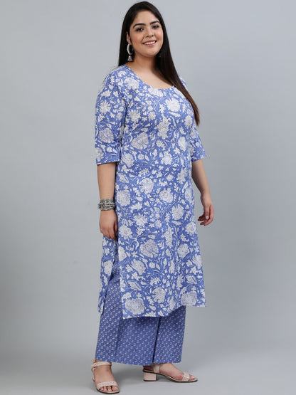Plus Size Women Purple Printed Straight Kurta With Palazo & Dupatta