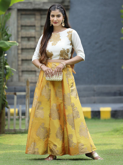 Mustard Dupion Printed Flared Lehenga Choli Sets