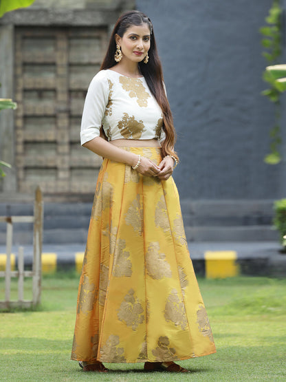Mustard Dupion Printed Flared Lehenga Choli Sets