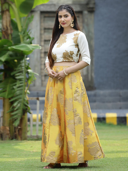 Mustard Dupion Printed Flared Lehenga Choli Sets