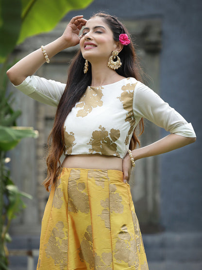 Mustard Dupion Printed Flared Lehenga Choli Sets