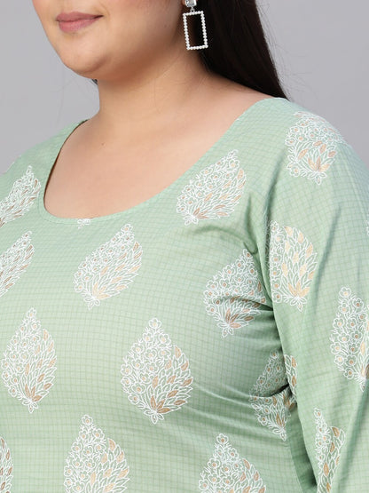 Women Green Printed Straight Kurta with Plazo & Dupatta