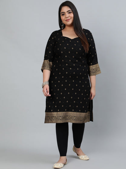 Plus Size Women Black & Gold Printed Staright Kurta With Three Quarter Sleeves