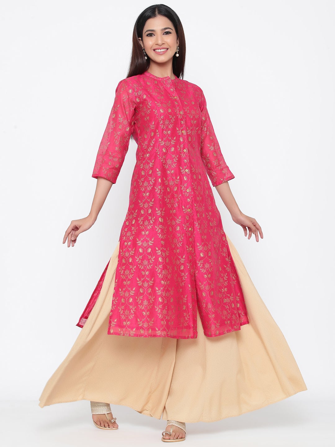 Fuchsia Chanderi Silk Printed A-Line Kurta