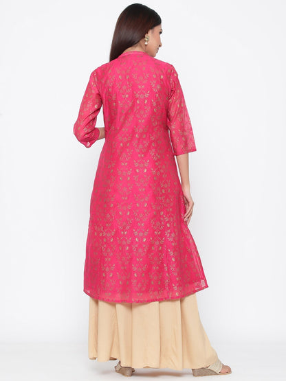 Fuchsia Chanderi Silk Printed A-Line Kurta