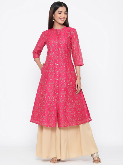 Fuchsia Chanderi Silk Printed A-Line Kurta