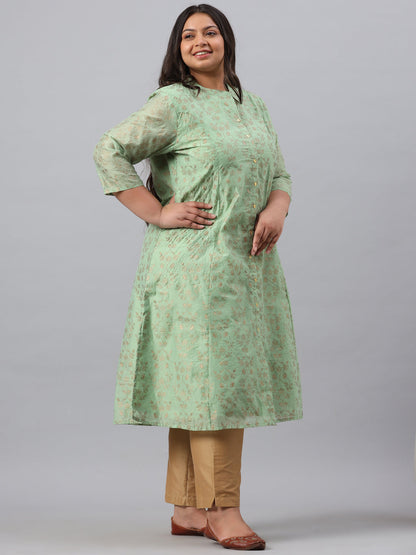 Pistagreen Chanderi Silk Printed A-Line Kurta