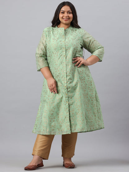 Pistagreen Chanderi Silk Printed A-Line Kurta