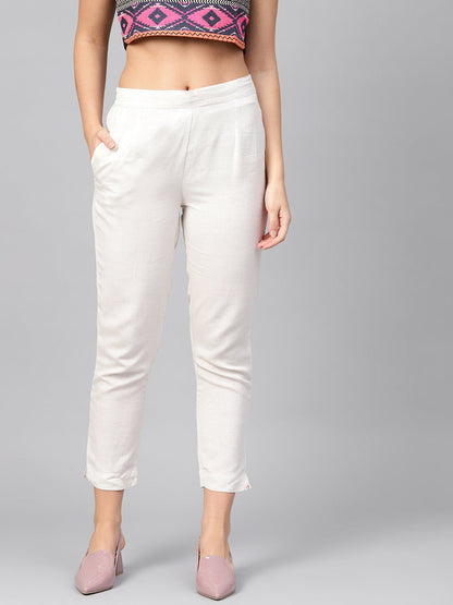 Ivory Rayon Flex Solid Slim Fit Pant/Slim Pant