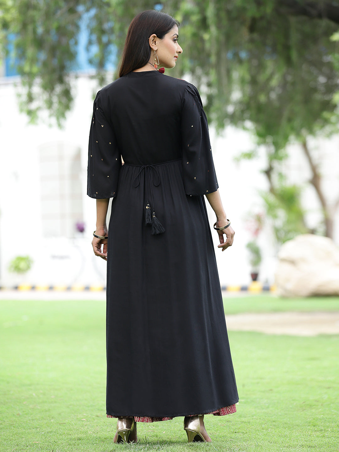 Black Rayon Embroidered & Printed High-Slit Kurta Sets