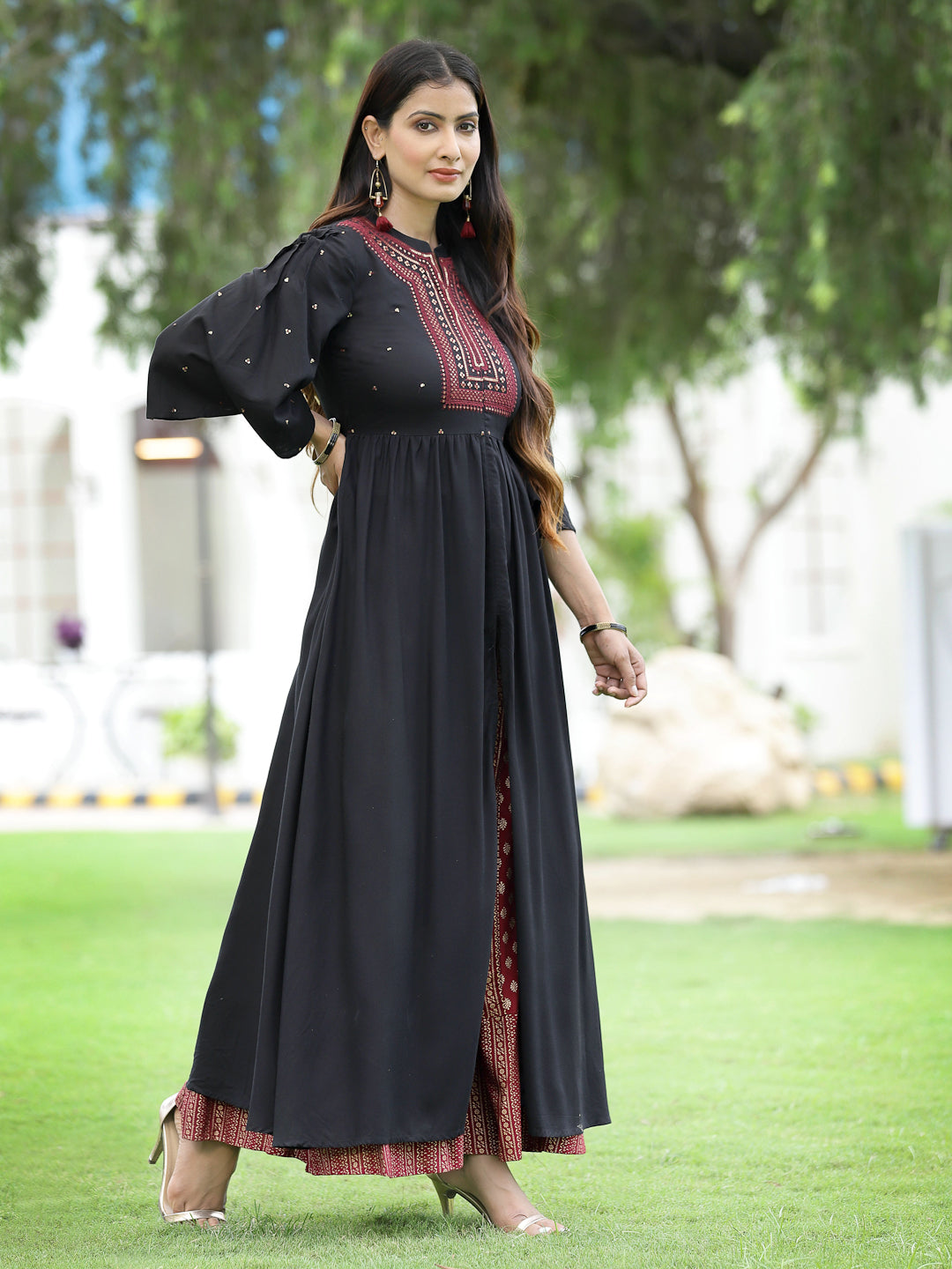 Black Rayon Embroidered & Printed High-Slit Kurta Sets
