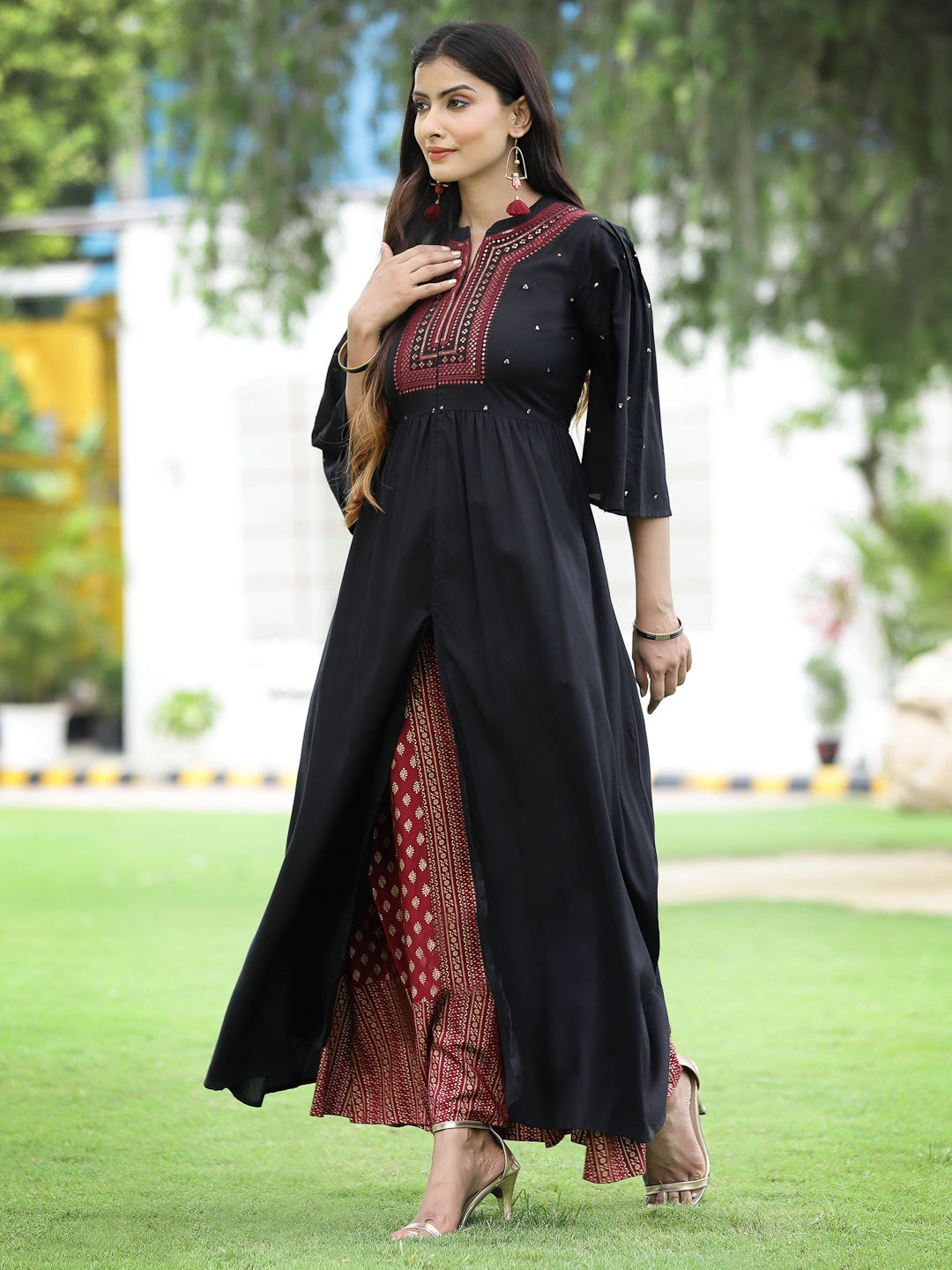 Black Rayon Embroidered & Printed High-Slit Kurta Sets