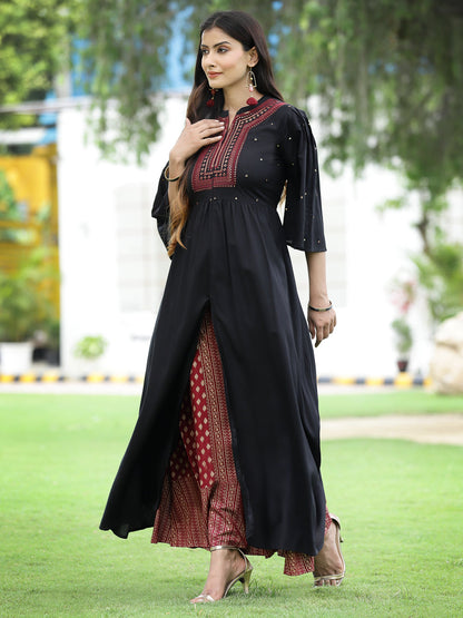 Black Rayon Embroidered & Printed High-Slit Kurta Sets