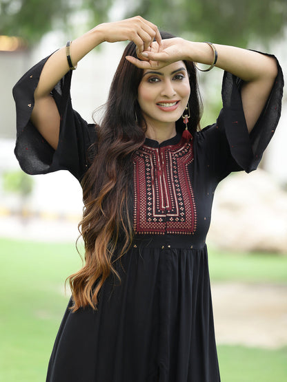 Black Rayon Embroidered & Printed High-Slit Kurta Sets