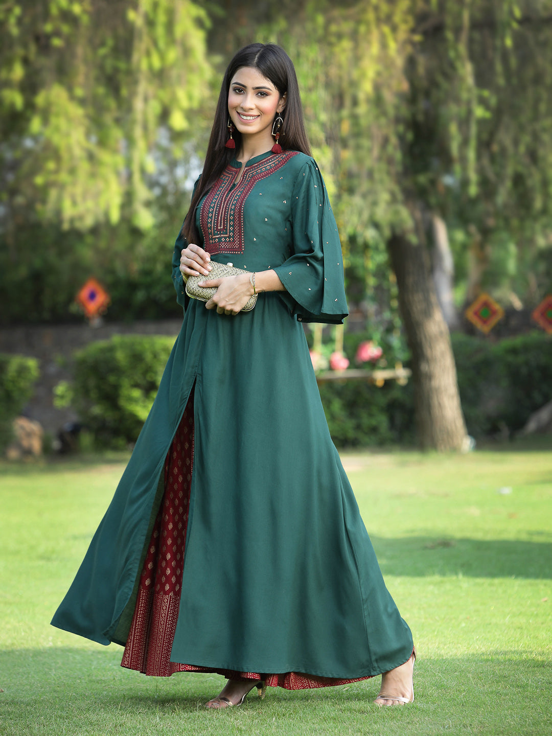 Jadegreen Rayon Embroidered & Printed High-Slit Kurta Sets