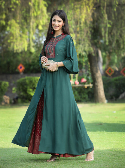 Jadegreen Rayon Embroidered & Printed High-Slit Kurta Sets