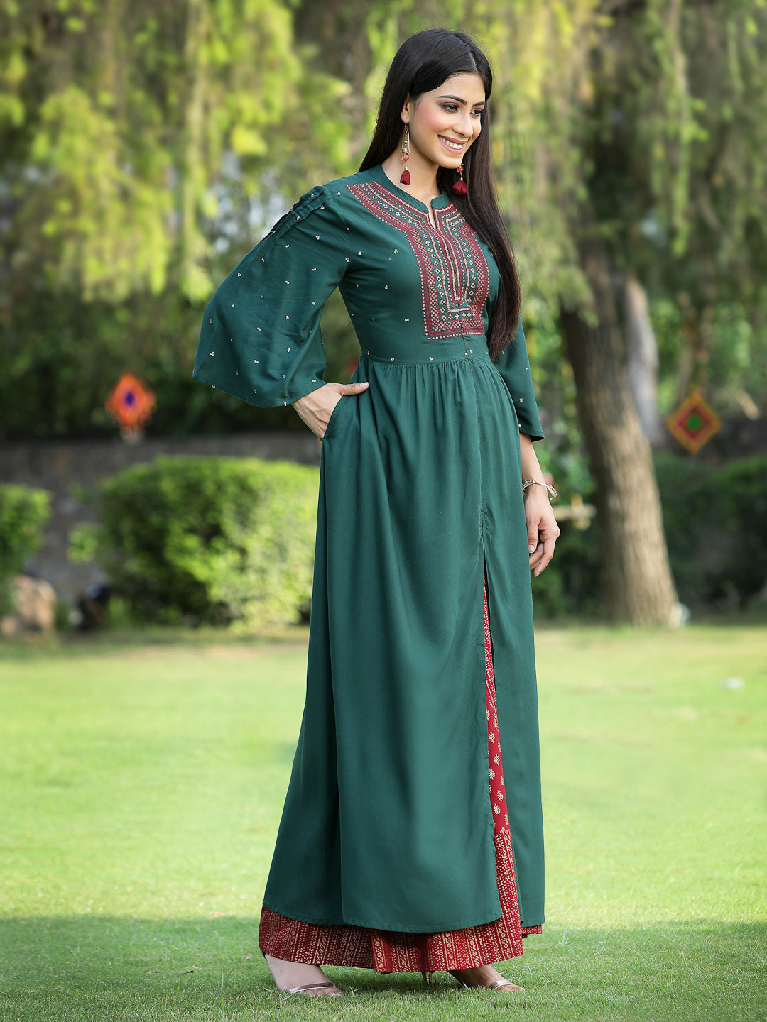 Jadegreen Rayon Embroidered & Printed High-Slit Kurta Sets