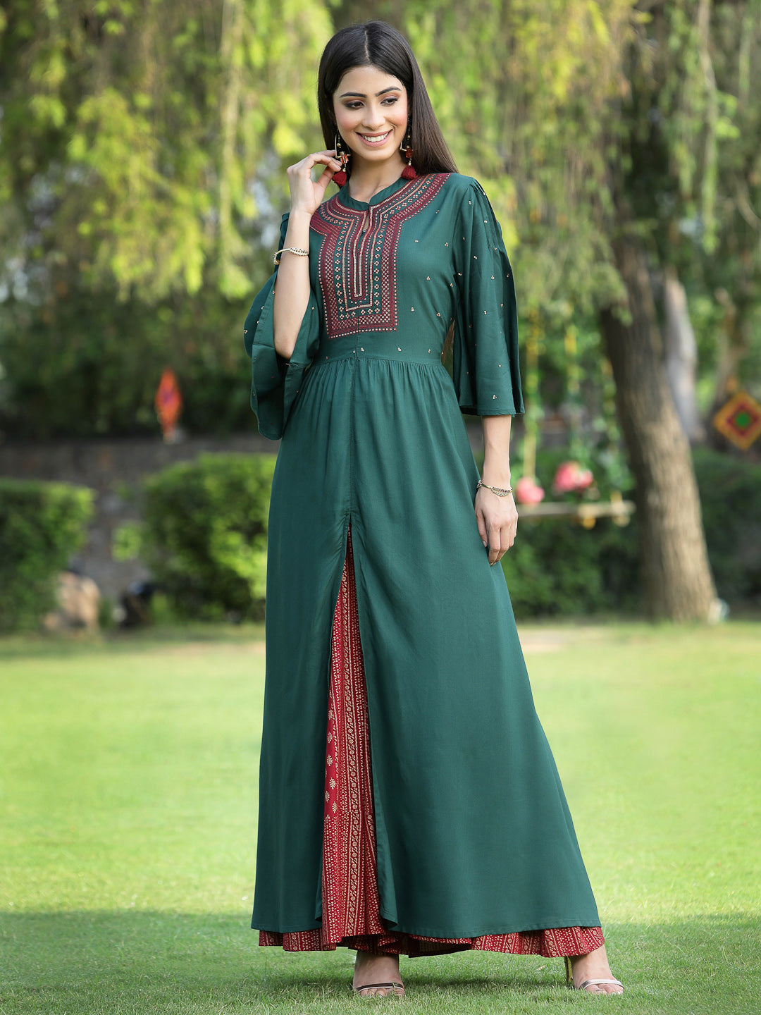 Jadegreen Rayon Embroidered & Printed High-Slit Kurta Sets