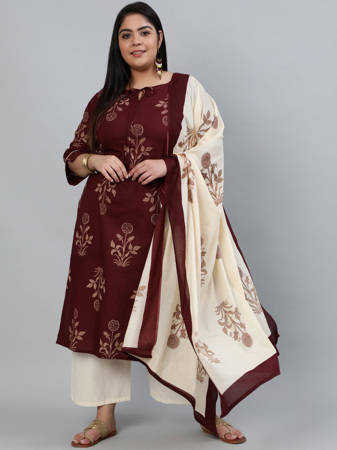 Plus Size Women Brown & Gold Printed Straight Kurta With Palazo & Dupatta