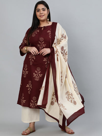 Plus Size Women Brown & Gold Printed Straight Kurta With Palazo & Dupatta