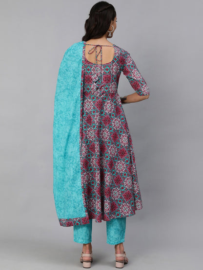Women Pink & Blue Printed Kurta Set With Plazo & Dupatta