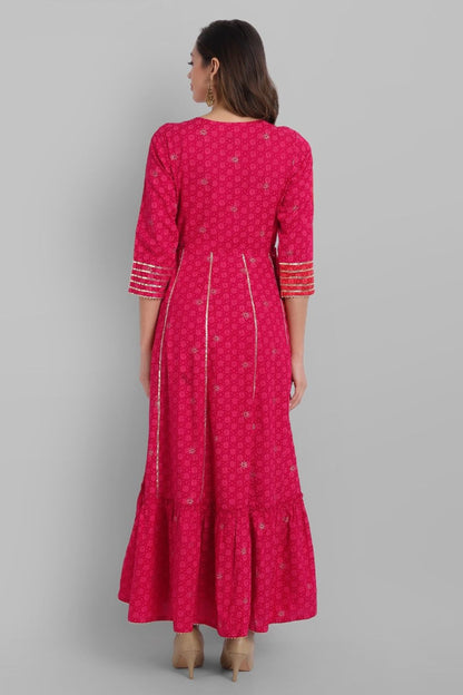 Fuchsia Rayon Festive Wear Embroidered Tiered Long Dress