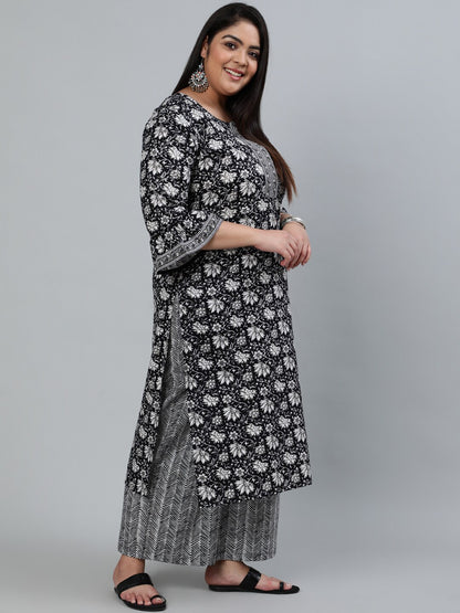 Plus Size Women Black Printed Straight Kurta With Palazo & Dupatta