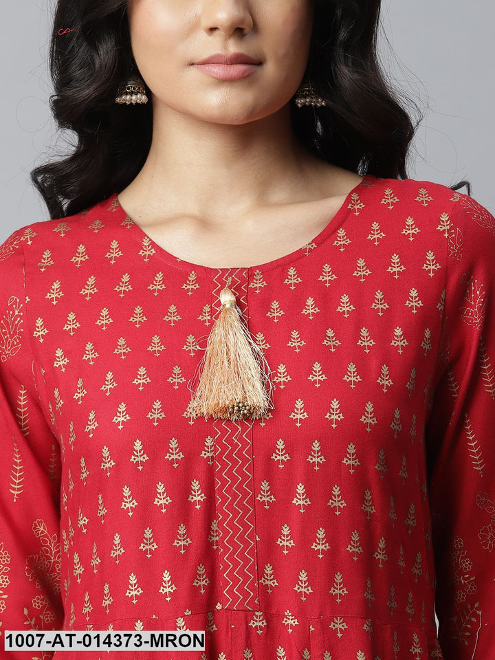 Gold Print Rayon Long Anarkali Kurta (Maroon)