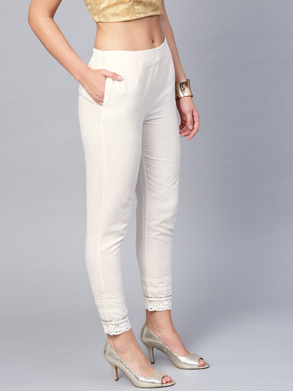 White Cotton Flex Solid Slim Fit Pant/Slim Pant