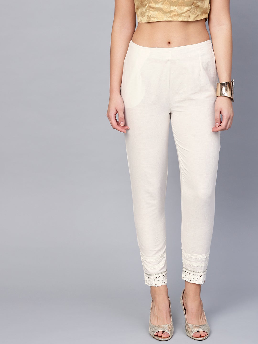 White Cotton Flex Solid Slim Fit Pant/Slim Pant