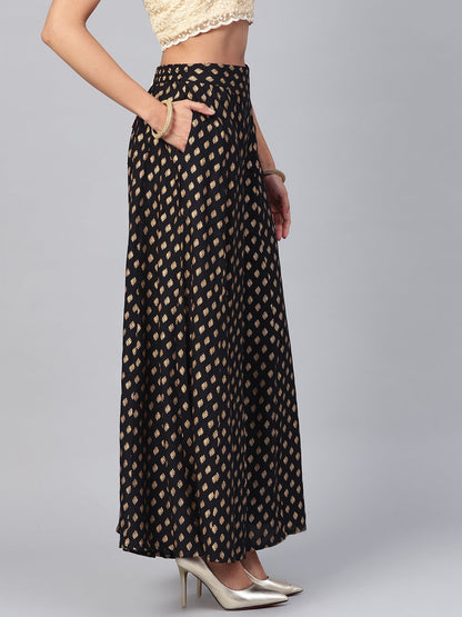 Black Rayon Printed Flared Palazzo