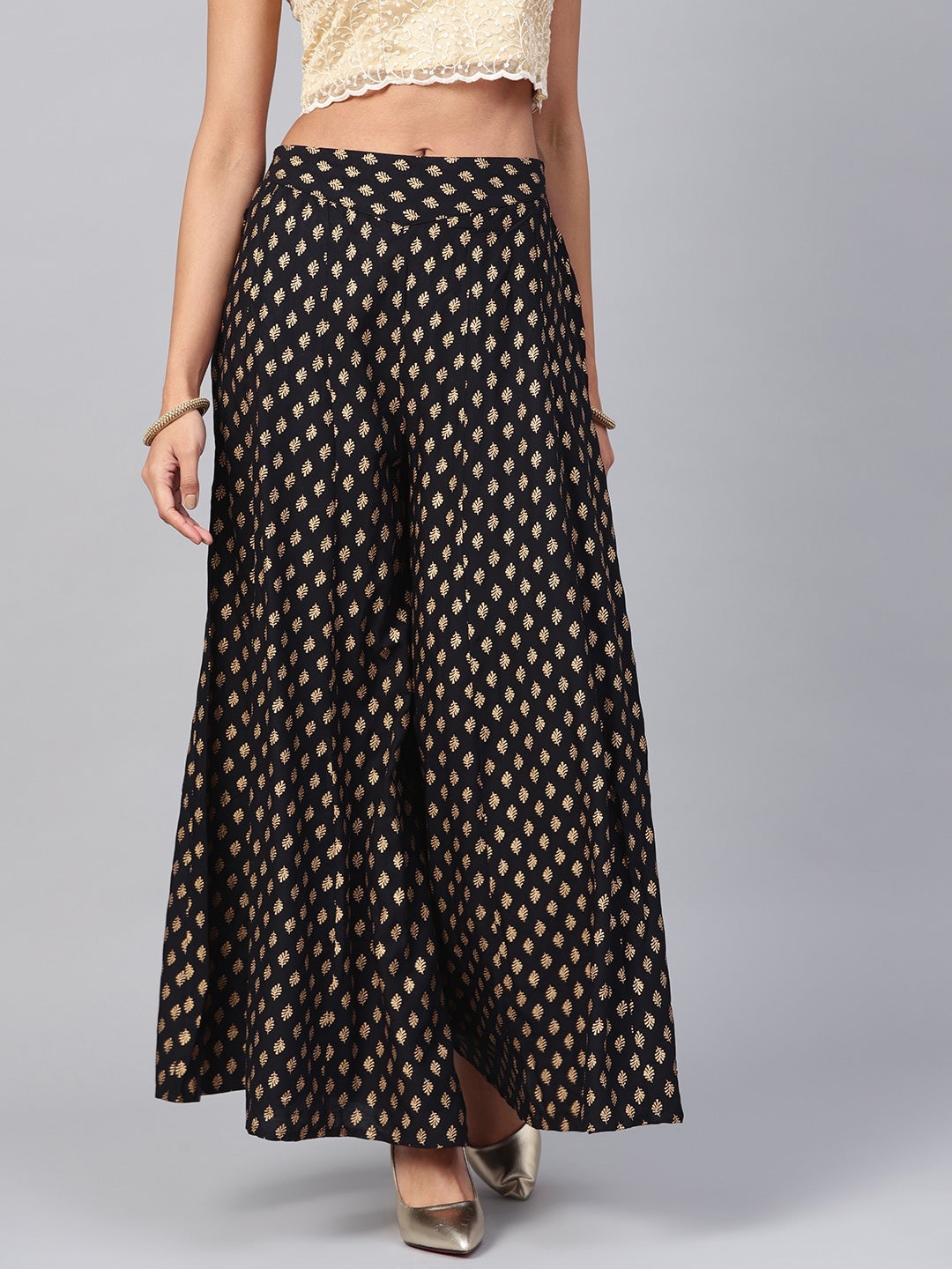 Black Rayon Printed Flared Palazzo
