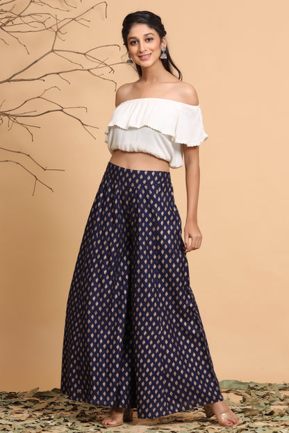 Navy Rayon Printed Flared Palazzo