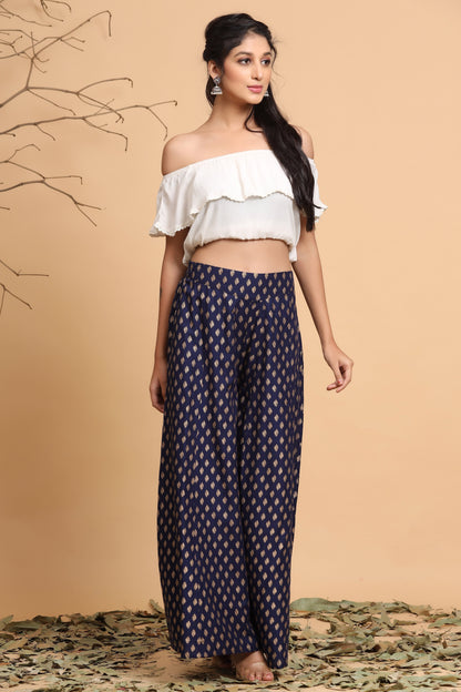 Navy Rayon Printed Flared Palazzo