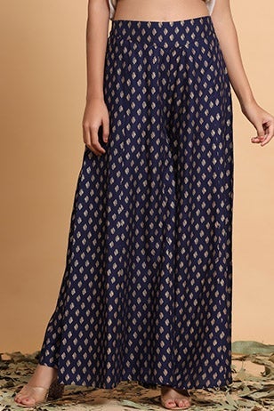 Navy Rayon Printed Flared Palazzo