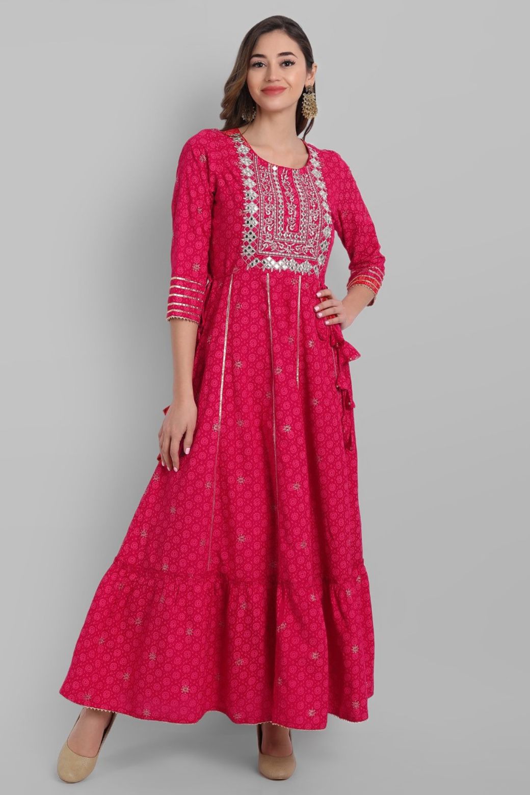 Fuchsia Rayon Festive Wear Embroidered Tiered Long Dress