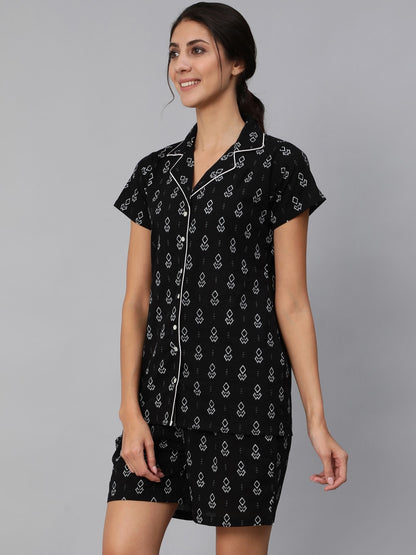 Women Black Floral Printed Night Suit