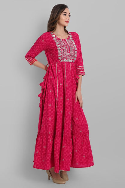 Fuchsia Rayon Festive Wear Embroidered Tiered Long Dress