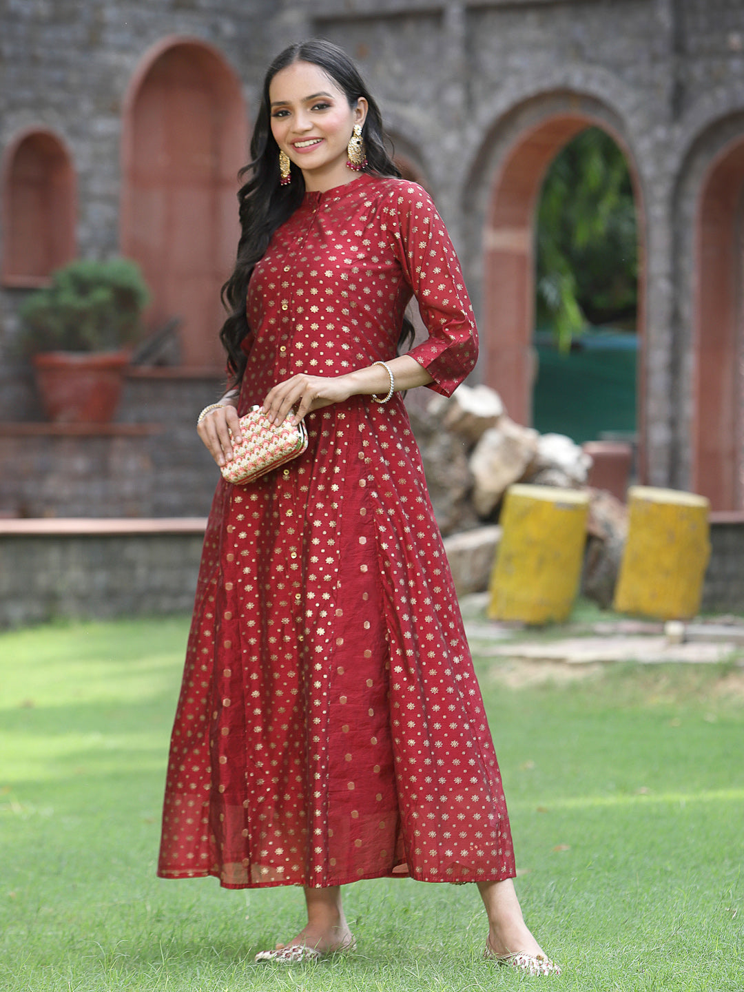 Maroon Chanderi Silk Printed Anarkali Kurta