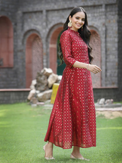 Maroon Chanderi Silk Printed Anarkali Kurta
