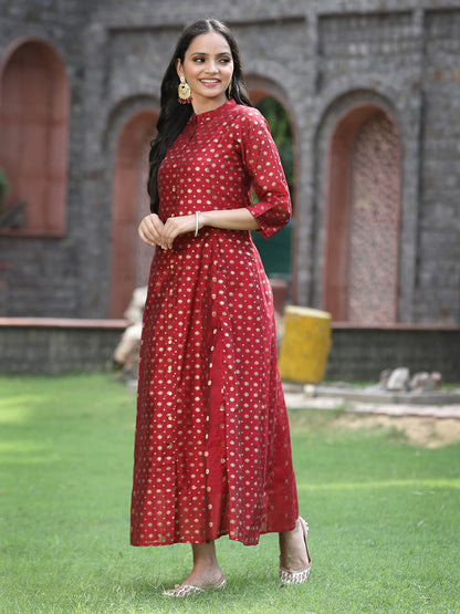 Maroon Chanderi Silk Printed Anarkali Kurta