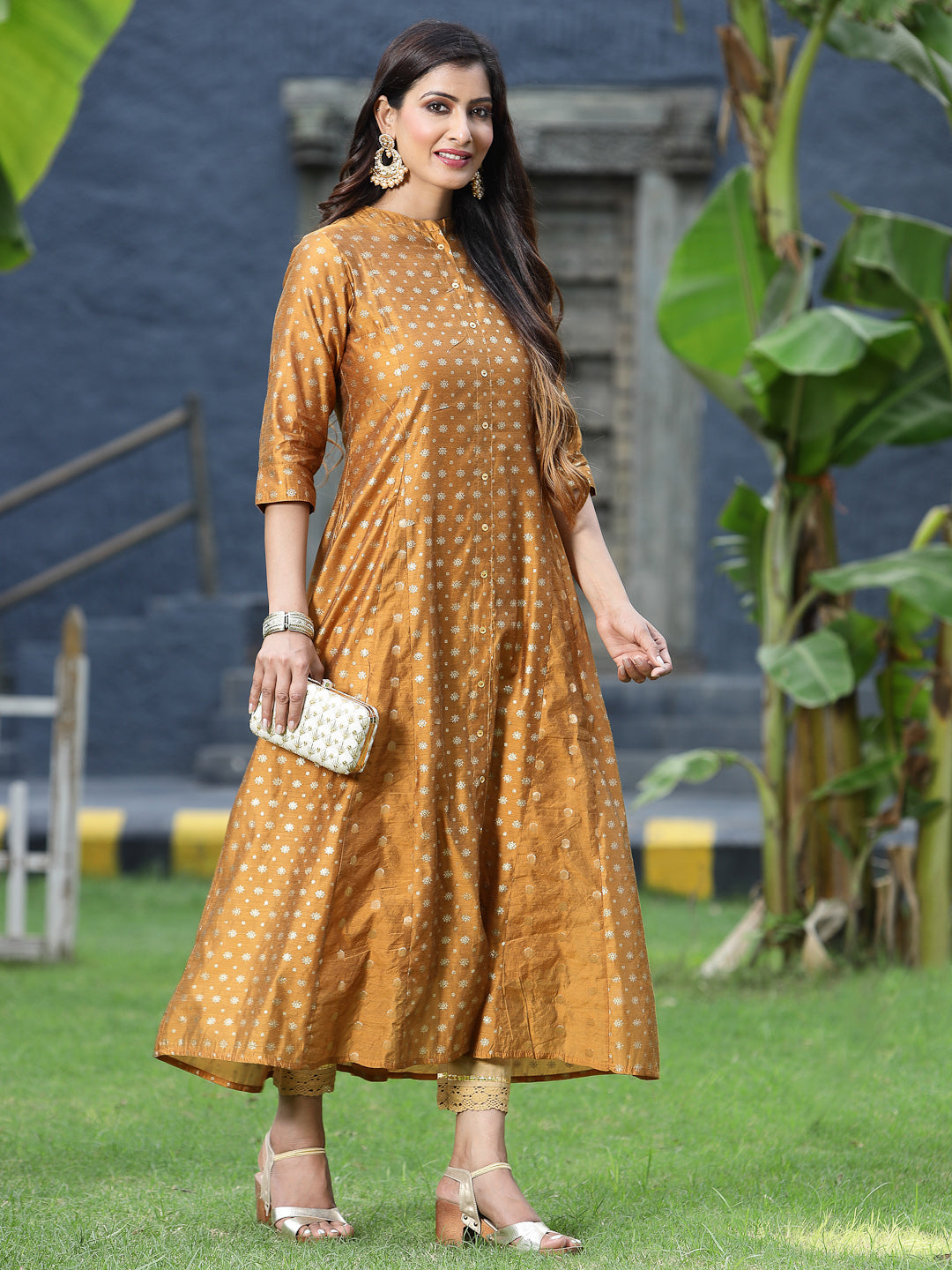 Mustard Chanderi Silk Printed Anarkali Kurta