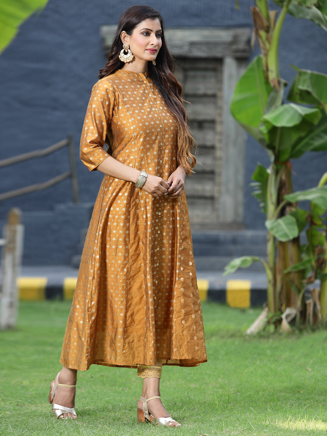 Mustard Chanderi Silk Printed Anarkali Kurta