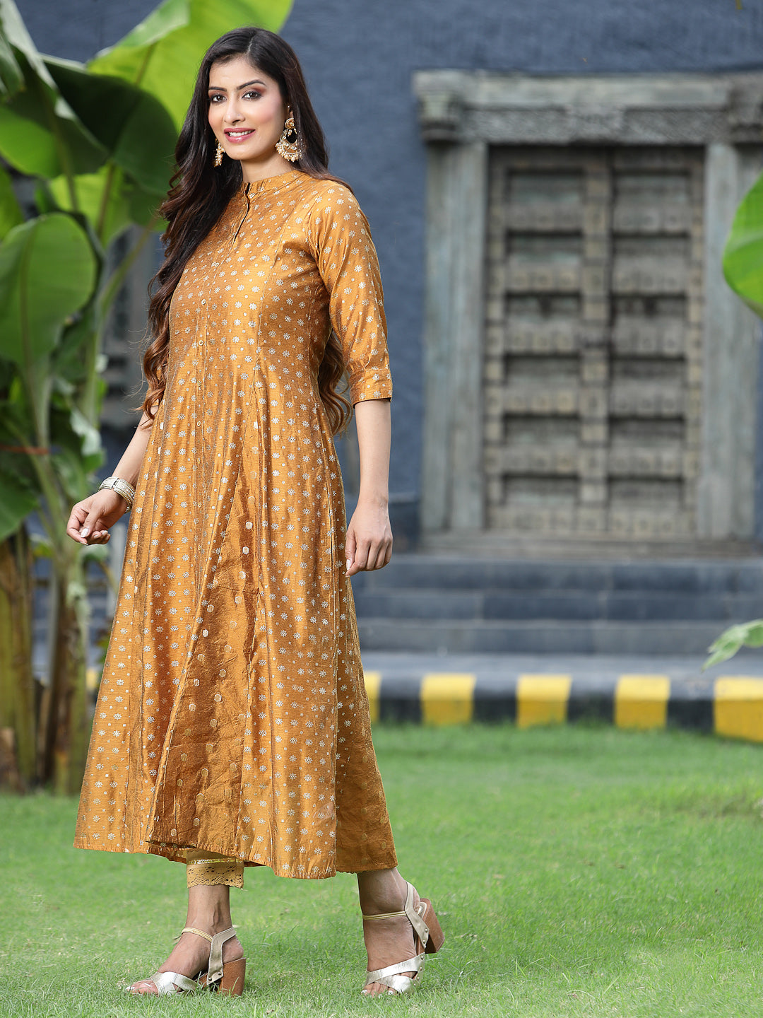 Mustard Chanderi Silk Printed Anarkali Kurta