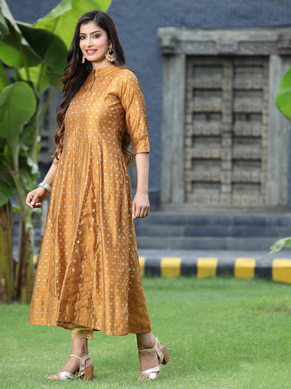 Mustard Chanderi Silk Printed Anarkali Kurta