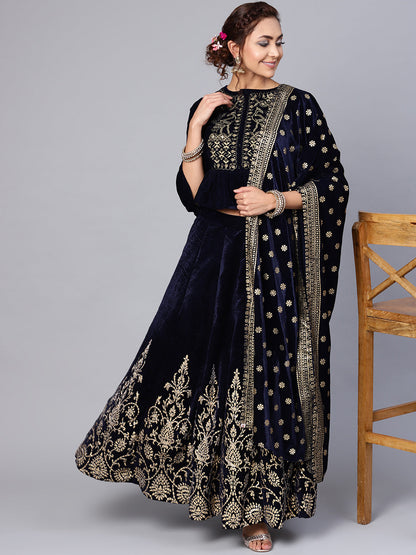 Navy Velvet Embroidered Flared Lehenga Choli Sets