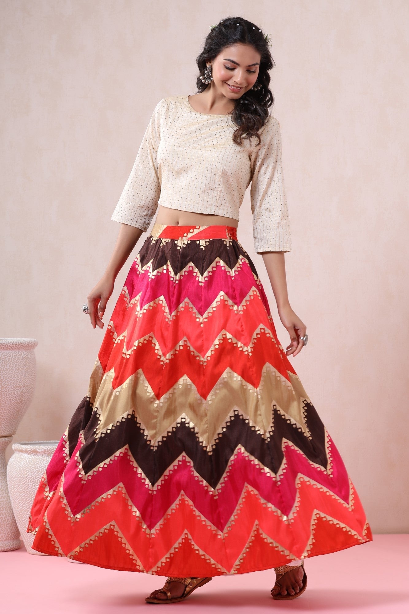 Coral Silk Crepe Printed Flared Lehenga Choli Sets